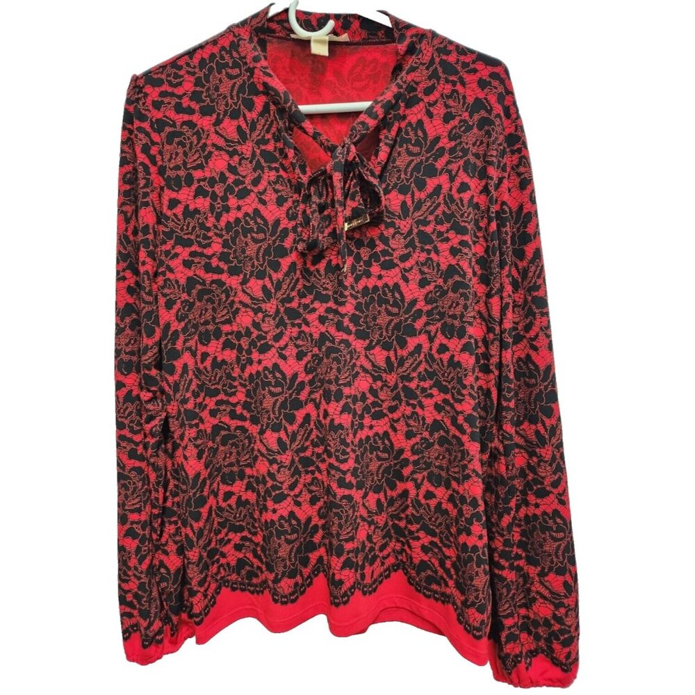 Michael Kors Womens Top Large Black Red Floral Long Sleeve Bow Tie Preppy Office